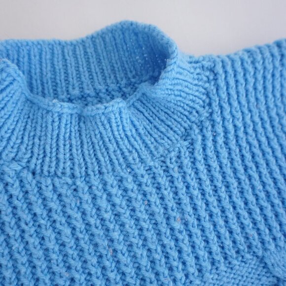 Vintage Handmade Blue Cable Knit Fisherman Mock Neck Sweater Large - Picture 11 of 11